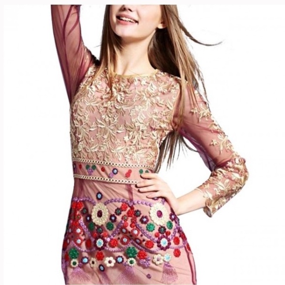 Metisu Pink Mesh Embroidered Waved Hem Mini Dress - Picture 4 of 12